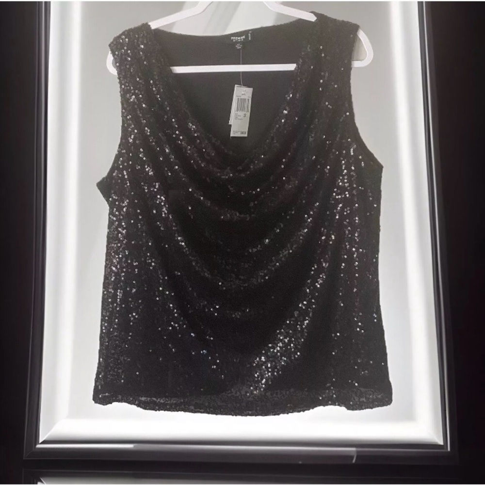 Premier Studio Black Sparkling Sequins Cowl Neck Sleeveless Top 2X Evening